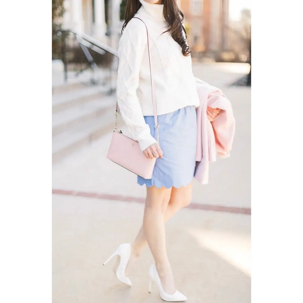 J. Crew Women Scalloped Hem Mini Skirt Dusty Blue Cotton Linen A-Line High Waist